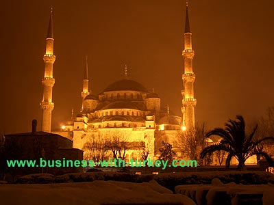 Blue Mosque at night in a snow day