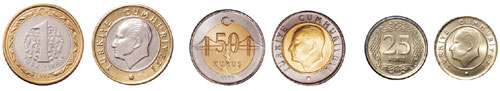 New Turkish Lira Coins: 1 Lira, 50 cents (kurus) and 25 Cents (kurus) 